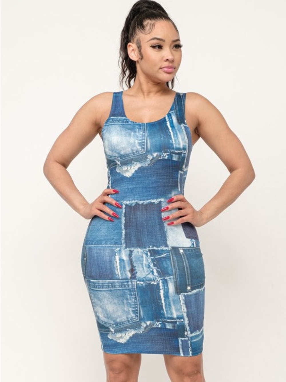 Denim Sublimation Print Bodycon Tank Midi Dress